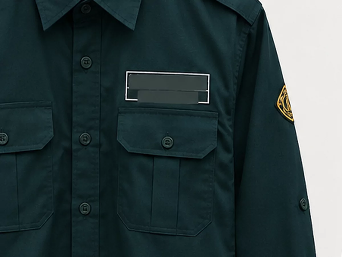 A close view of an institutional shirt's chest: a blank name plate above a buttoned pocket, and an embroidered badge on the sleeve.