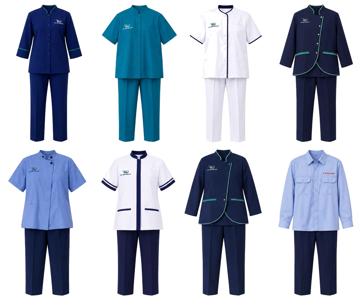 Eight hospital uniform sets laid out flat in two rows: tunics and trousers in navy, teal, white and pale blue, each embroidered at the chest.