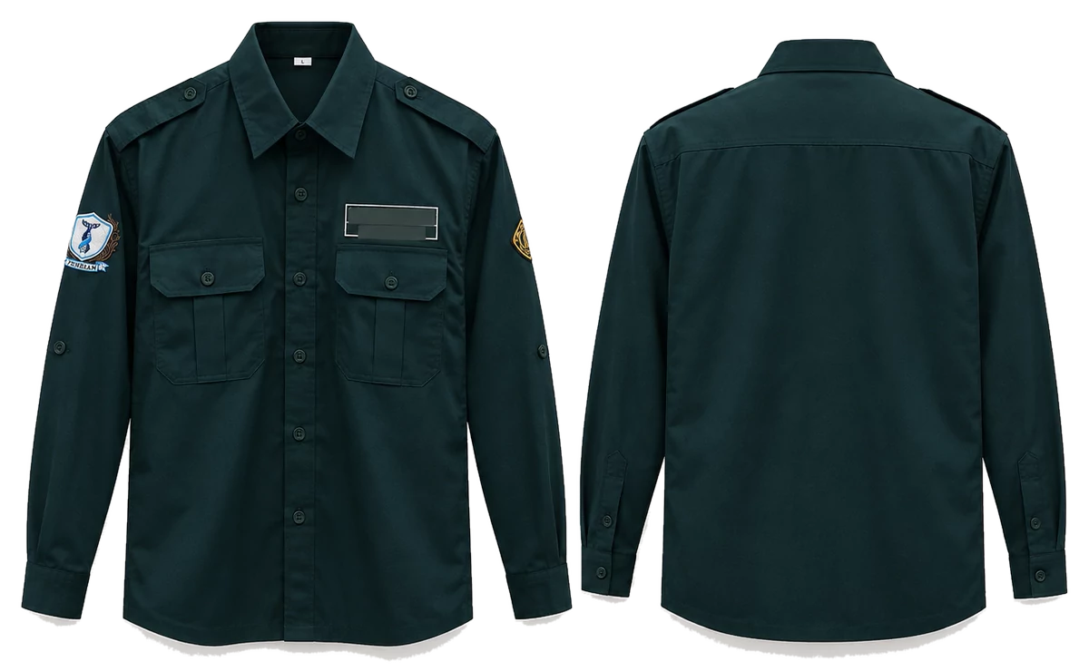 A dark green institutional shirt photographed flat, front and back: epaulettes, buttoned chest pockets, an embroidered crest on one sleeve and a blank name plate.