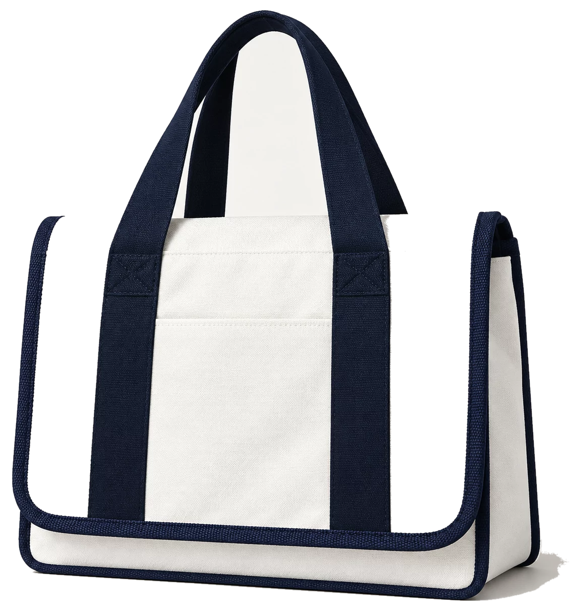 A canvas tote bag in off-white with navy webbing handles and navy bound edges, photographed on a plain grey ground.
